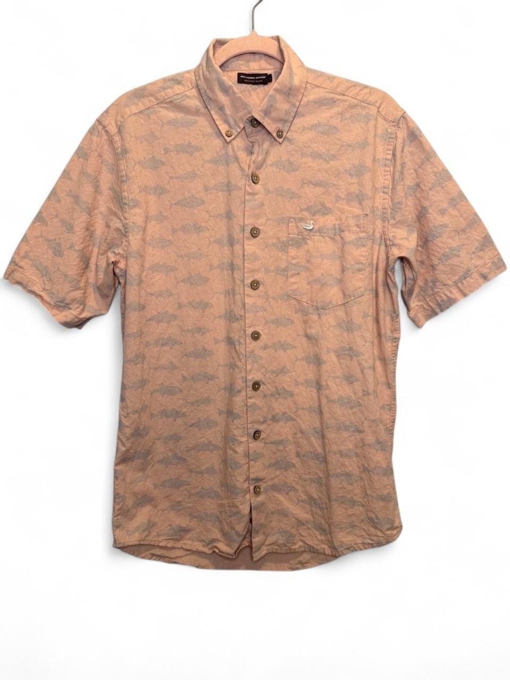 Southern Marsh Small Salmon Pink Pescado Fish Print Linen Blend Button Down Top